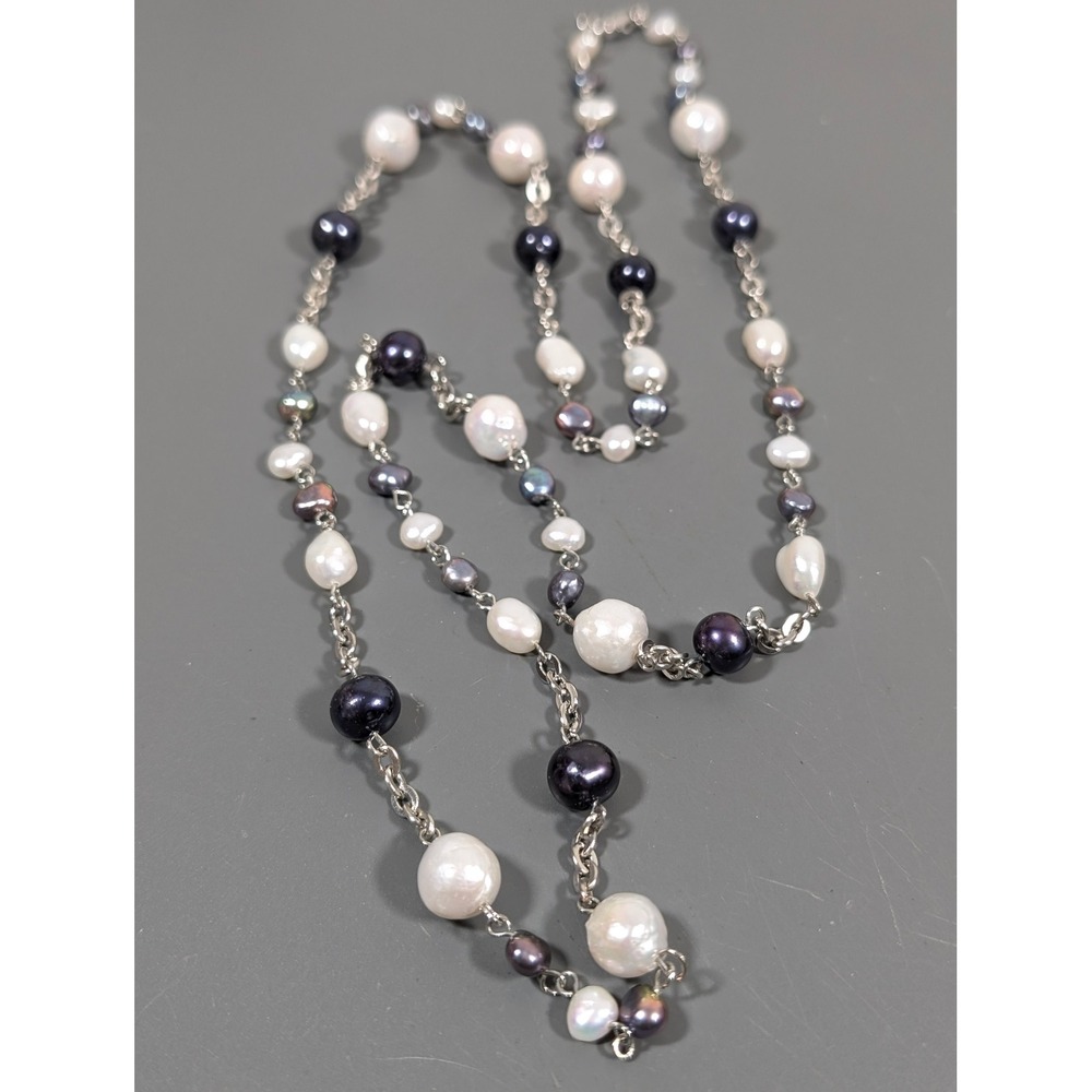 36" Gray White Faux Pearl Long Necklace Silver Tone Opera Length Beaded